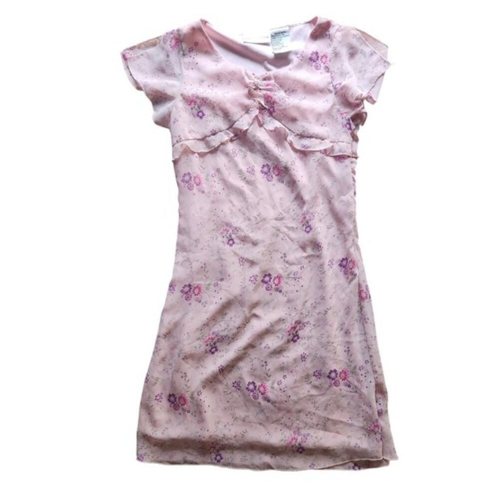 Y2k vintage Premiere Collection Pink Floral Chiffon‎ Ruffle Sleeve Dress Size 12